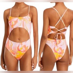 AQUA Swim Pink Multi Marble Cutout One Piece Swimsuit Size Medium NWT summer